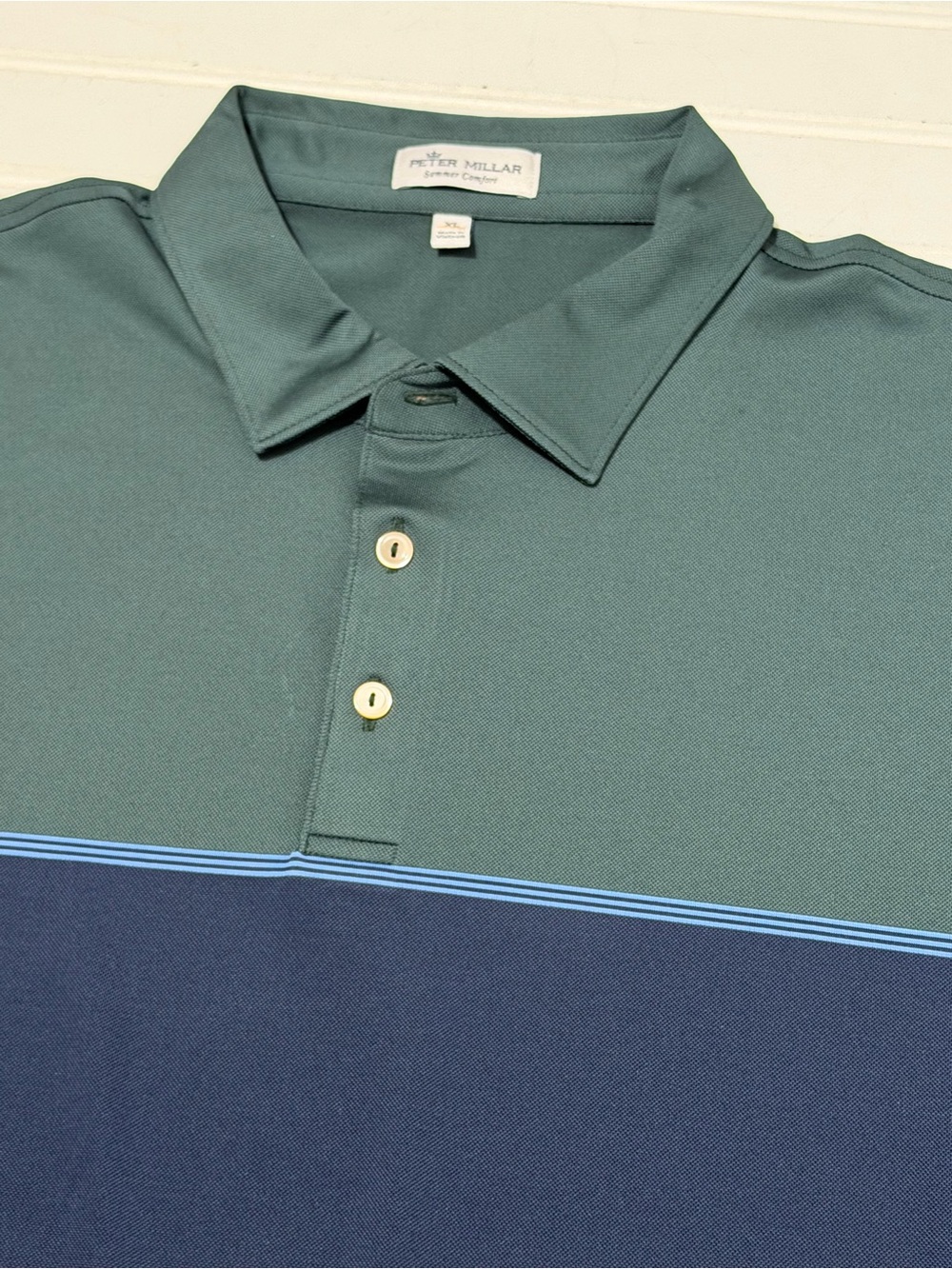 Peter Millar Hales Nordic Pine Teal Green and Navy Stripe Polo